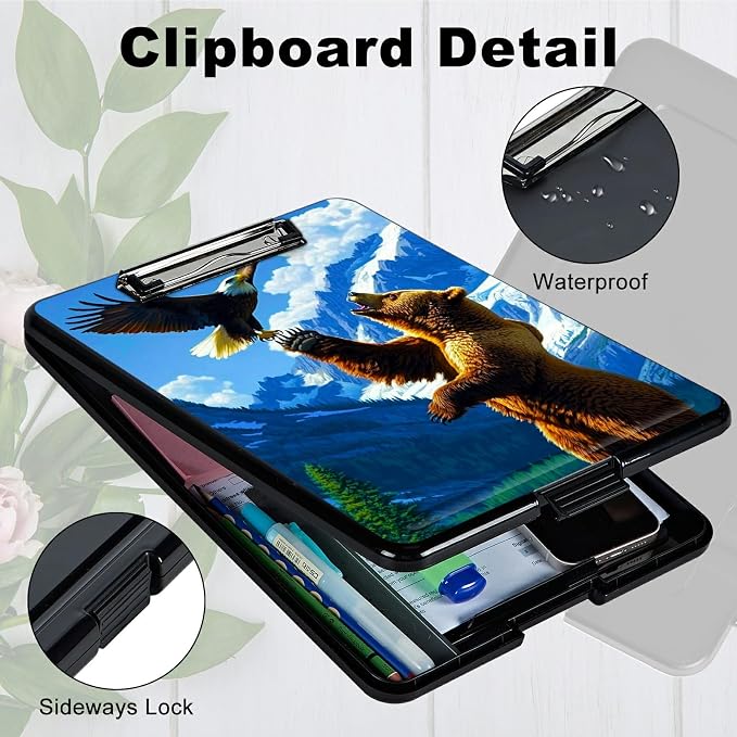 Bear and Eagle A4 Clipboard with Storage Pen Holder, Clipboards Organizer Nursing Clipboard Foldable File Folder Plastic Clipboard Folio Clip Board for Office Students Classroom Doctor