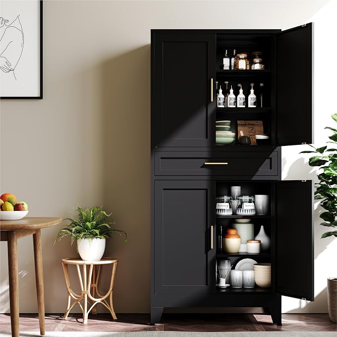 YAUWOH 71''Tall Kitchen Pantry Cabinet with Drawer,6-Tiers Metal Pantry Storage Cabinet with 4 Adjustable Shelves and 4 Barn Doors, Freestanding Farmhouse Food Cupboard for Dining Room (1PC,Black)