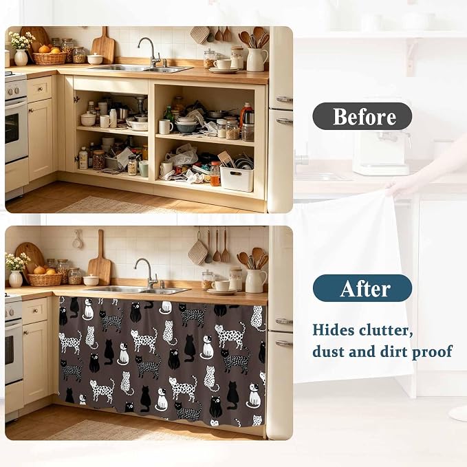 Cat Animal Cabinet Curtain 35"Wx35"L, Dustproof Under Sink Skirt with Self Adhesive Tape, Black White Earthy Tone Vintage Pet Cabinet Curtain Cover for Kitchen Sink, Bathroom Vanity, Laundry Room