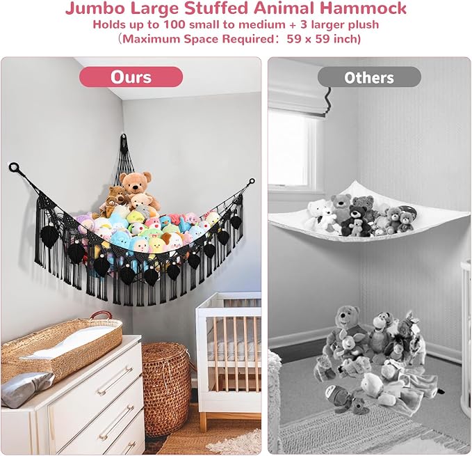 82.7x59x59 Inch Jumbo Stuffed Animal Storage Hammock Corner Toy Net, Black | Macrame Leaf Hanging Stuffed Animal Net Organizer for Stuffy Plush,Toy Hammock Holder w/Star Lights,Nursery Room Decor Gift