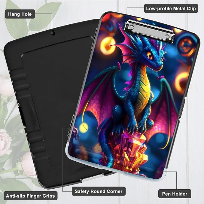 A4 Clipboard with Storage Pen Holder, Clipboards Organizer Nursing Clipboard Foldable File Folder Plastic Clipboard Folio Clip Board for Office Work Classroom Doctor, Blue Dragon