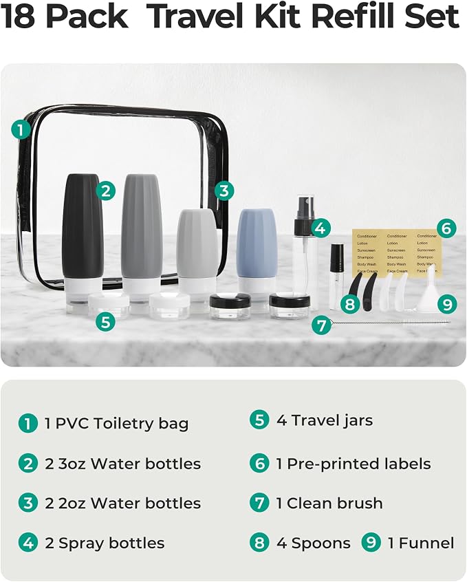 BAGSMART 18 Pack TSA Approved Travel Bottles for Toiletries, Leak Proof Silicone Travel Size Containers Bottles for Shampoo, Grey