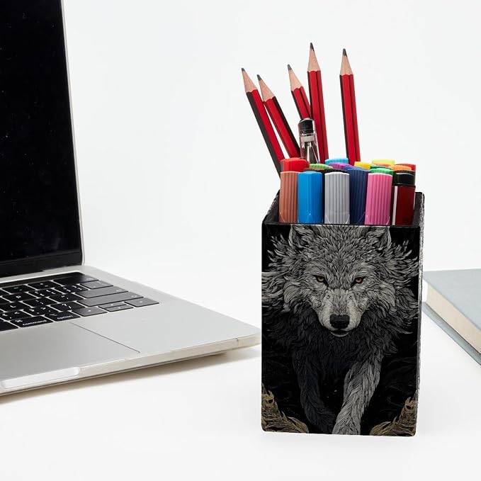 Wolf Pen Holder for Desk Decor, Rectangular PVC Leather Pencil Cup for Desk Pen Organizer, Makeup Brush Holder for School, Home, Office