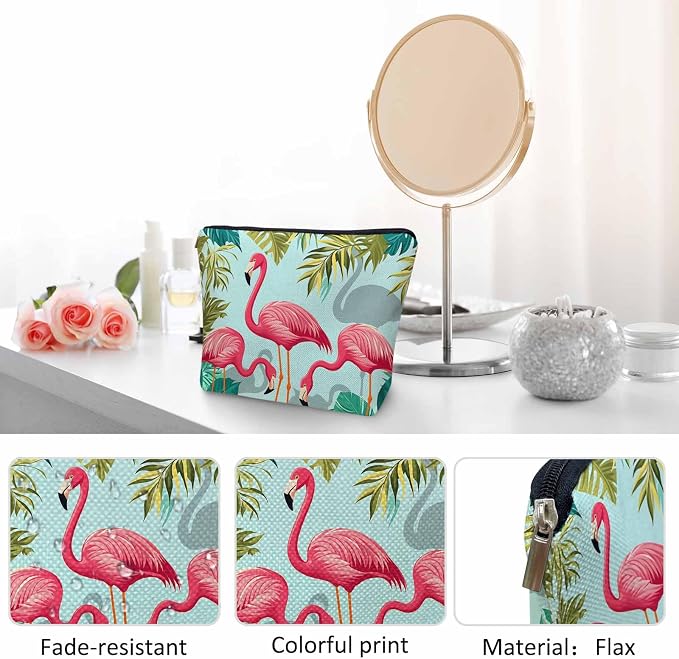 Women Makeup Organizer Bag Flamingo Exotic Flamingo Tropical Palms Flax Cosmetic Bag Makeup Bags Toiletry Bag Accessories Organizer Travel Bags For Home Bathroom Office Hotel Gym Pink Green