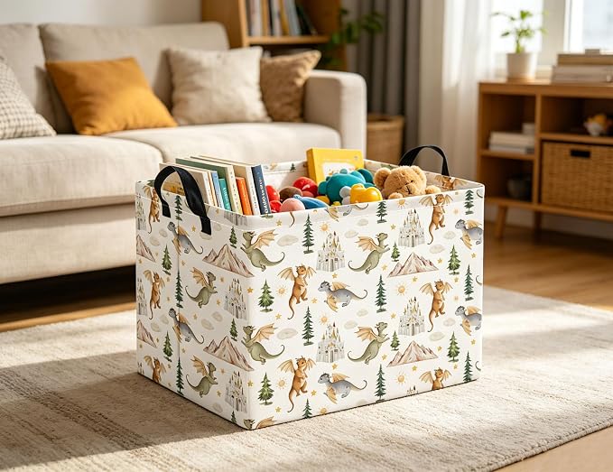 Rectangular Kids Basket Baby Girl Basket Fabric Storage Bin Organizer Box Room Decor(Castle Dinosaur)