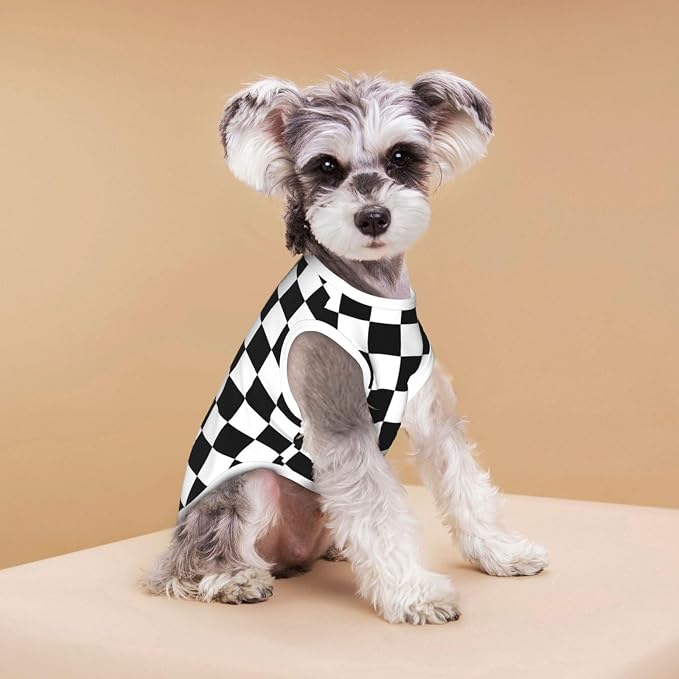 Black White Checkered Dog Shirts Sleeveless Puppy Cotton T-Shirts