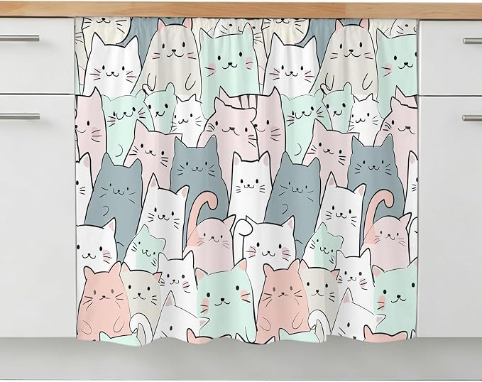 Cartoon Cat Small Sink Skirt 10"Wx11"L, Dustproof Under Sink Curtain with Self Adhesive Tape, Funny Cute Colorful Animal Pet Cabinet Curtain Cover for Bathroom Vanity, Kitchen Storage Shelf, RV
