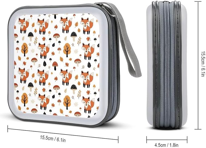 Protective 40-Disc CD/DVD Wallet Cute Fox Fall Mushrooms, Hard Plastic Storage Binder with Handle, Portable Organizer for Car Office Travel