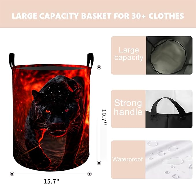 Black Panther Laundry Basket Hamper 19.7"x15.8", Organizer Bins Gifts for Women Men Adults, Fierce Wild Cat Foldable Waterproof Oxford Clothes Storage Bucket for Bedroom Bathroom Decor