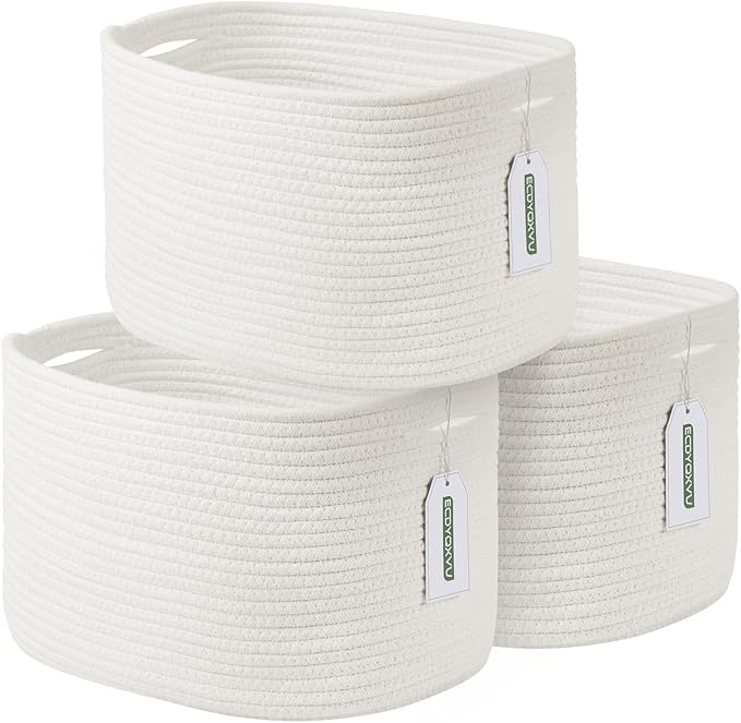 ECDYQXVU 15x10x9 Inch Woven Cotton Rope Storage Basket, 3 Pack | Foldable Design, Built-in Handles, Space-saving Organizer for Living Room, Bedroom, Laundry, Shelves, Clothes, Towels