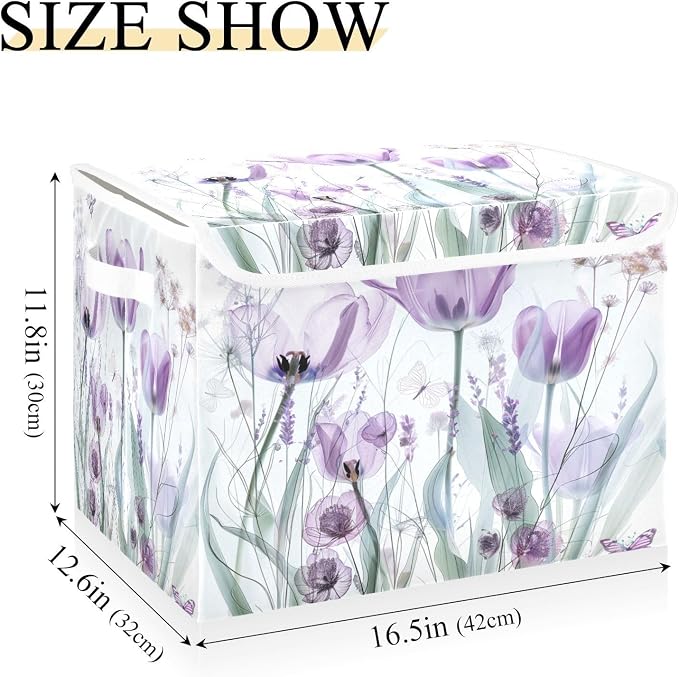 senya Baskets Collapsible Storage Bins with Lids, Purple Tulips Flowers Pastel Storage Boxes Clothes Baskets for Organizing, B06D22020