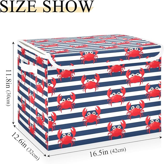 Storage Bins with Lid Crab Stripe Foldable Storage Boxes 40L Baskets | Decorative Storage Boxes, Dust-Proof Flip Top, Reinforced Handles, For Home & Bedroom, Clothes & Toy Box, Sea Fabric Print