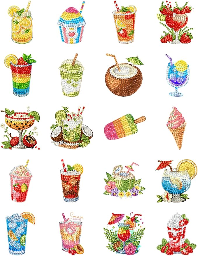 20pcs Drinks 2D Acrylic DIY Diamond Art Magnets Food Fridge Magnet | Elegant Set with Beautiful Patterns and Magnetic Design for DIY Crafts, Perfect for Home, Office, Kitchen Decor, Gift for