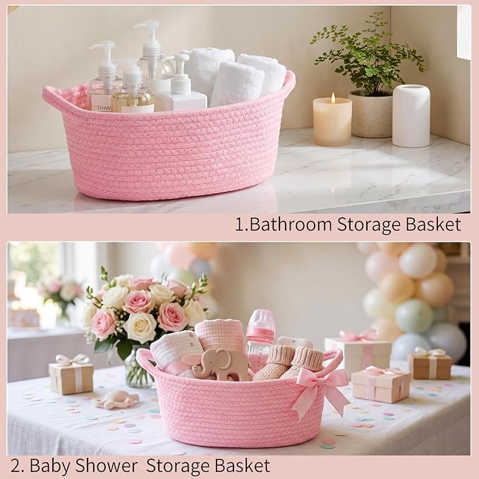 Baby Gift Basket Empty with Handle 13"x 8"x 5.5" | Woven Cotton Rope Basket for Gifts Empty Baby Shower Nursery Toy Storage Girls Living Room Bedroom Bathroom