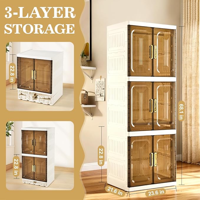 Portable Wardrobe Closet Pet, Pet Collapsible Clothes Storage Organizer | 3 Layer White Plastic Foldable Pet Wardrobe Cabinet with Doors & Wheels
