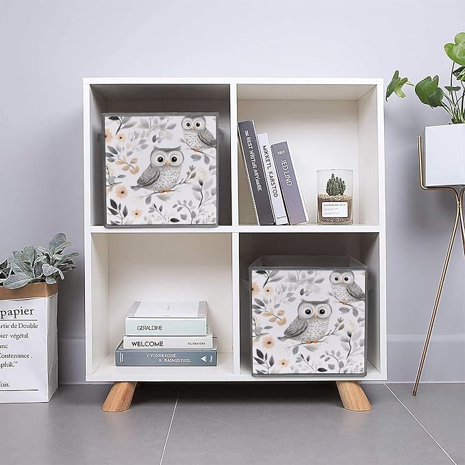 Whimsical Owl Foldable Storage Bins, 10.6" Cube Storage Organizer, Sturdy Oxford Cloth Fabric Baskets for Closet, Shelf, Nursery, Bedroom, Decorative Printed Box for Toys & Clothes