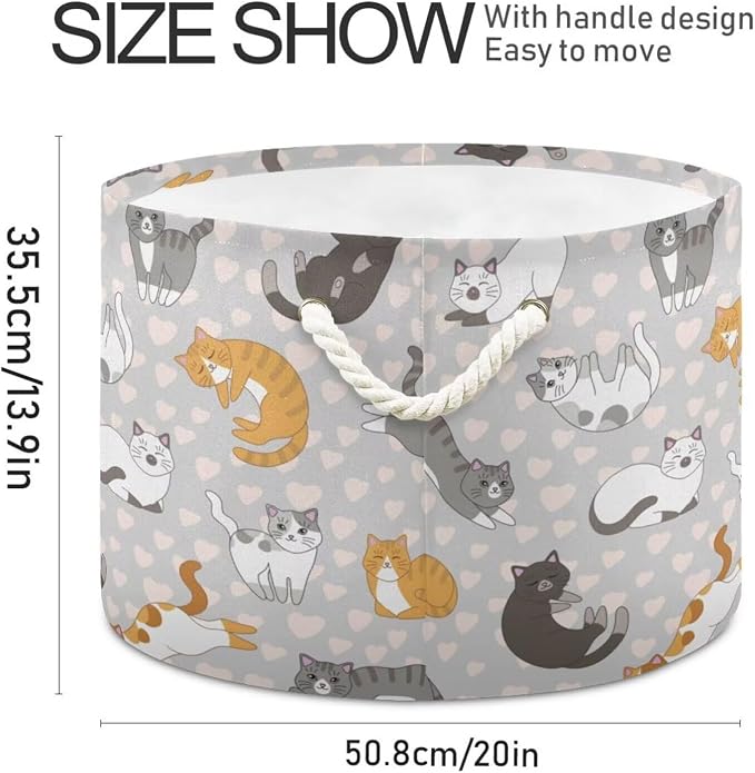 Cute Cat Print Collapsible Round Storage Basket with Handles | Pet Kitten Heart Large Laundry Baskets Hamper, Clothes Organizer Bin for Bedroom Living Room Decor, 20x 20x 14 Inches