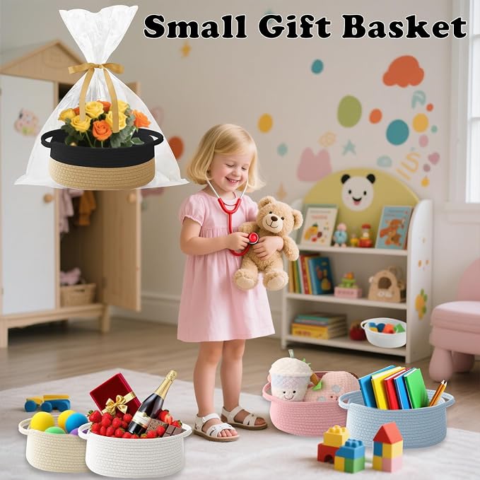 Woven Rope Basket,Baby Gift Basket with Bag & Ribbon, Black&Jute | Cotton rope with handle, 12x8x5 in, gift bag and ribbon, for baby shower, birthday, toy storage, nursery, shelf decor