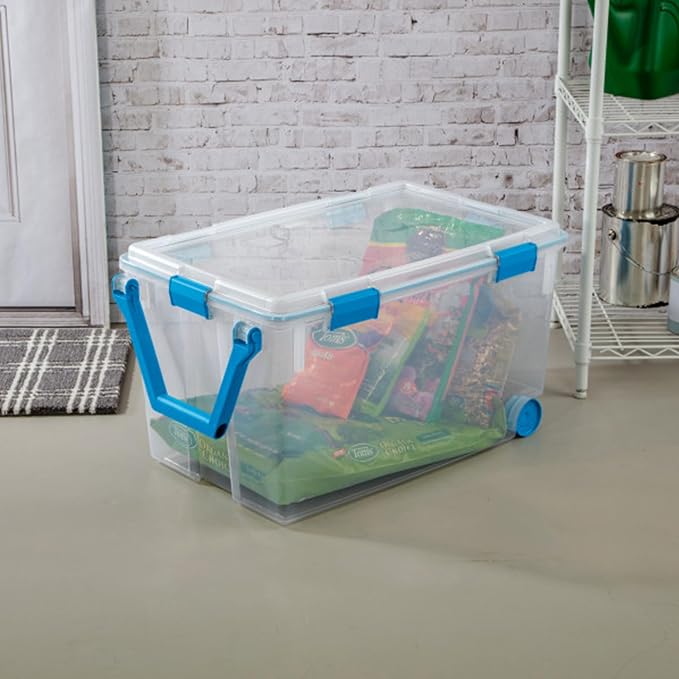 Sterilite Gasket Storage Box with Lids for Home & Office, 120 Quart, 6-Pack | Heavy-Duty, Stackable, and Organizing Containers for Bathroom, Cabinet, Closet, and Garage, Clear and Blue Aquarium Latches