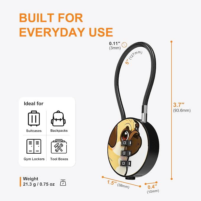 Small Combination Lock for Luggage, Gym Locker, Backpack Bag Zipper, Mini Combo Lock with Code, 5.12 Inch Steel Cable Padlock for Travel Suitcase (4-Dog, Mini)