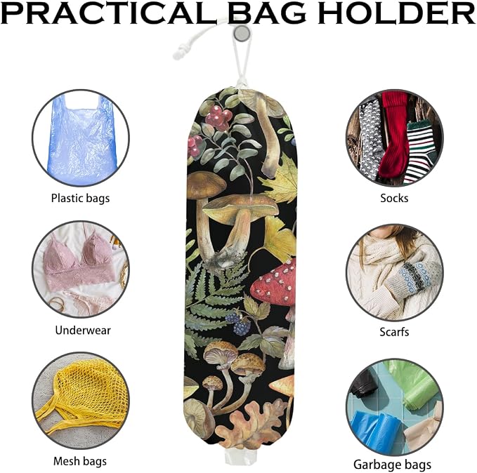 Mushroom Plastic Bag Holder for Kitchen Essential, Mushroom Gifts for Women | Wall Mount Grocery Bag Holder for Plastic Bags, Summer Leaves Reusable Shopping Bags Storage Dispenser for Home Kitchen