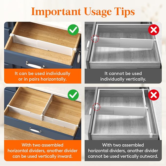 Lifewit 3.1" High 6 Pack Hanging Kitchen Drawer Dividers, 26-42cm/10-17 Adjustable Drawer Organizers for Utensils, Expandable Dresser Separators in Kitchen/Bedroom/Bathroom/Vanity/Office White