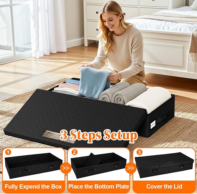 StoreHappily Under Bed Storage Containers with Lids, 3 Pack Foldable Black | Storage organizer, Stackable Clothes Storage Bags, For Blankets Pillows Clothing, Clear Window, 3-Sided Handles, Label Slot