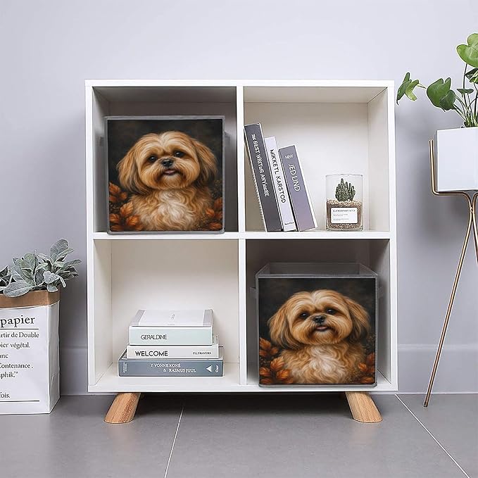 Shih Tzu Dog Portrait Autumn Leaves Storage Bin with Handles, Oxford Fabric Foldable Storage Cube Organizer for Clothes, Towels, Bedroom, Living Room, Home Organization