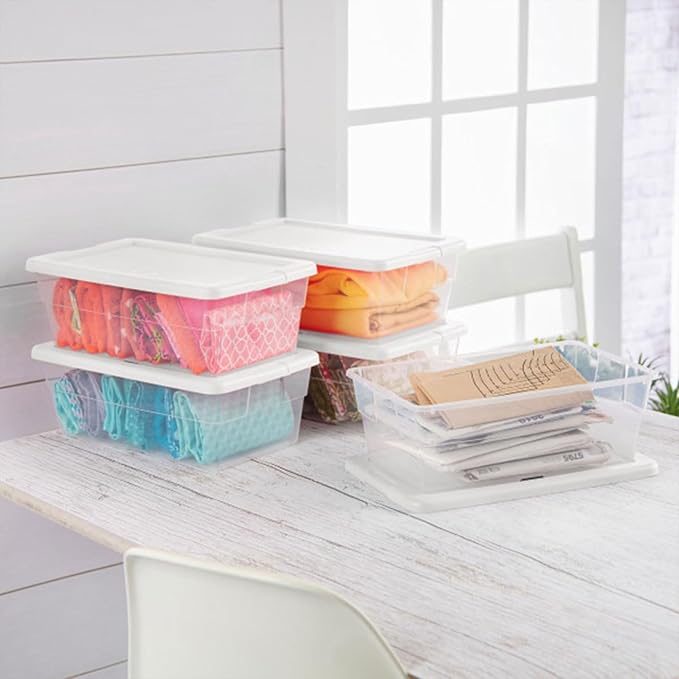 Sterilite 6 Quart Storage Box, Clear Plastic with White Snap Lid, 12 Pack