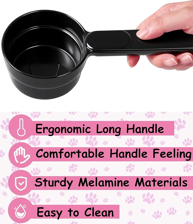 Joyinjojo Dog Food Scoop 1 Cup 1/2 Cup - Melamine Dog Food Measuring Cup, Pet Food Scoop for Dog Cat...Comfortable Long Handle for Easy to Scoop Food, Black 1 Cup