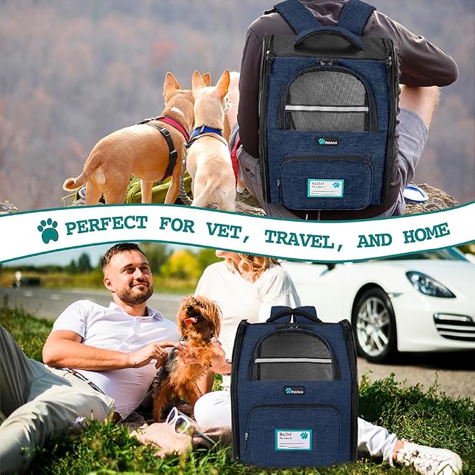 PetAmi Dog Backpack Carrier Airline Approved Cat Pet Puppy Bag, Navy | Ideal for Small Medium Large Pet up to 18 lb, 2 Side Entry Structured No-Collapse Frame, Ventilated Bookbag for Hiking Travel