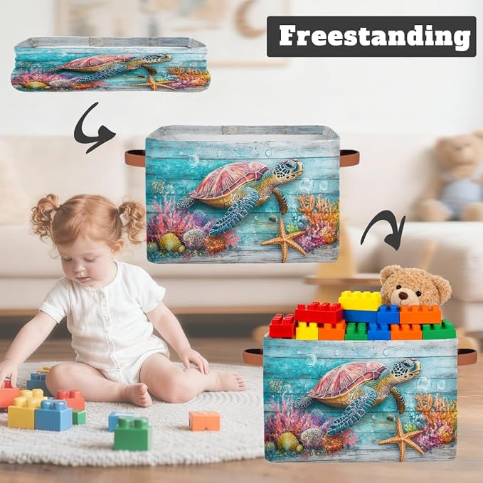 Pardick Storage Baskets Bin, Summer Ocean Turtle Wood Collapsible Canvas Fabric Storage Bin Decorative Baskets Toy Organizer Rectangle Storage Boxes with handles for Home Shelves Nursery,A-4