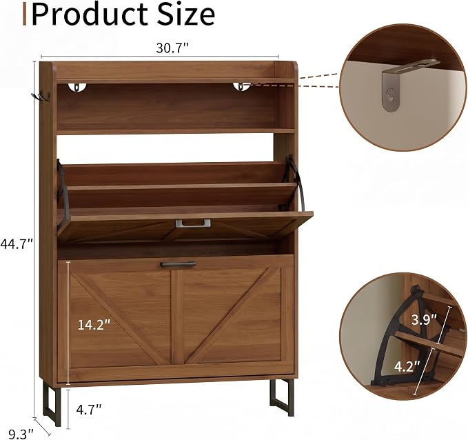 Xixini Shoe Storage Cabinet with 2 Flip Drawers, Entryway Shoe Rack, Walnut | Freestanding Narrow Shoe Storage, Hidden Slim Wood Shoe Organizer, Modern Farmhouse, Open Storage & Hooks for Closet, Hallway