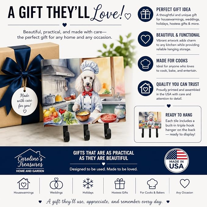 Caroline's Treasures White Poodle The Chef Leash or Key Holder Wall Hooks, Key Hooks Holder, Coat Rack Wall Mount, Coat Hooks, Hooks for Hanging Keys, Towels, Aprons, Leashes | White Poodle The Chef artwork on ceramic tile with three steel hooks for ke...