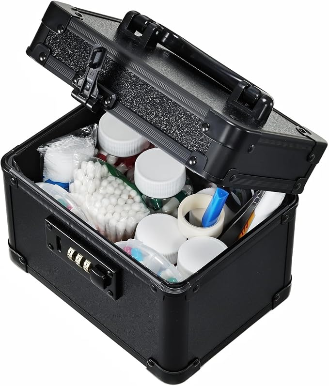 Black Medicine Lock Box - 7" Medication Lock Box & Lockable Storage Box for Personal Items - Secure Medicine Storage Box with 3-Digit Combination Lock - Aluminum Small Lock Box for Home Travel