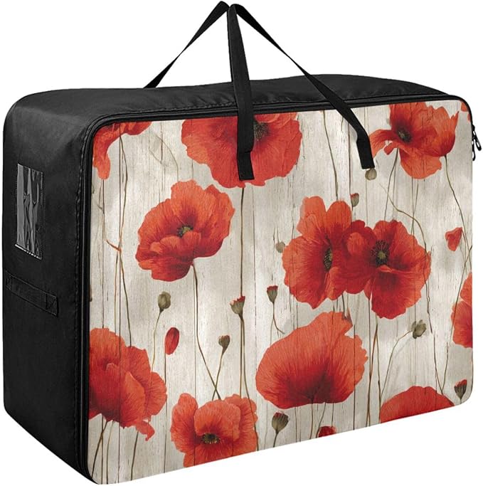 Comforter Storage Bags Large Folding Blanket Organizer Bag with Strong Handles Clear Window Closet Storage Containers for Clothes King Queen Pillows Bedding Quilt Duvet Rustic Red Poppy Flowers