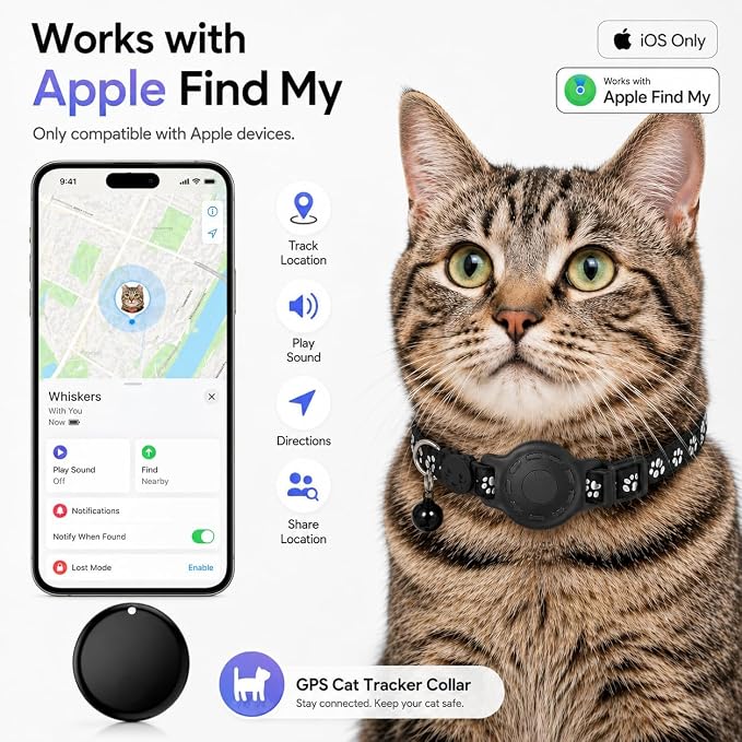 Pet Tracker,GPS Collar for Cats (iOS Only) Smart tag,Waterproof Compatible with Apple Find My,No Monthly Fee,Advanced Tracking Solution Smart Collar for Pet Safety Ideal Small Large Cats