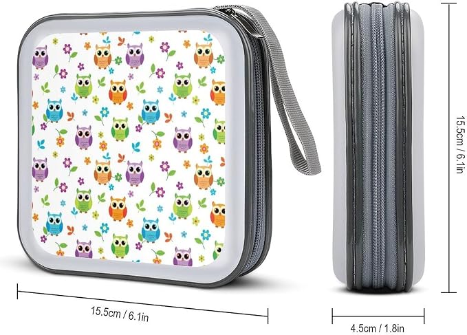 Hard Plastic Protective CD Case Floral Owl, 40-Disc Capacity Storage Binder with Zipper, Portable Organizer for Home Office