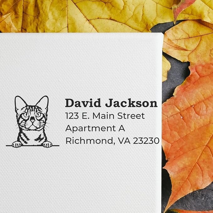 Peeking Bengal Cat Wood Handle Address Stamp - Personalized Rubber Stamp | Address Stamp with Bengal Cat. Custom Address Stamp for Veterinary Offices. Up to 50 characters per line. Nothing to dry out.