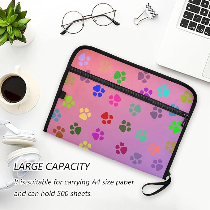 13 Pocket Zipper Expanding File Folder A4 Dog Paw Print Colorful | Accordion File Organizer with Front Pouch A4 Letter Size Portable Folders for Documents Receipt School Office Supplies