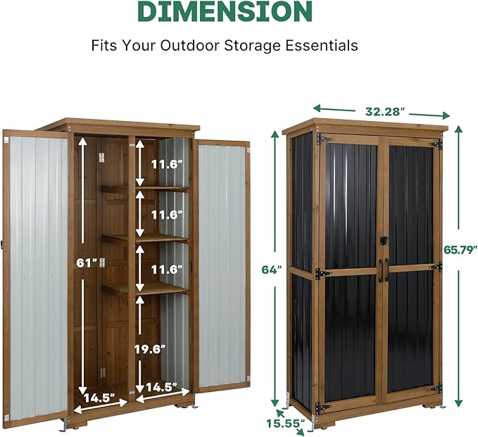 Ketive Outdoor Storage Cabinet, Tall Tool Garden Cabinet with Weather-Resistant Roof, Double Lockable Doors, 3 Removable Shelves & Adjustable Feet, for Patio, Garden, Backyard, 32" x 15.5" x 66"