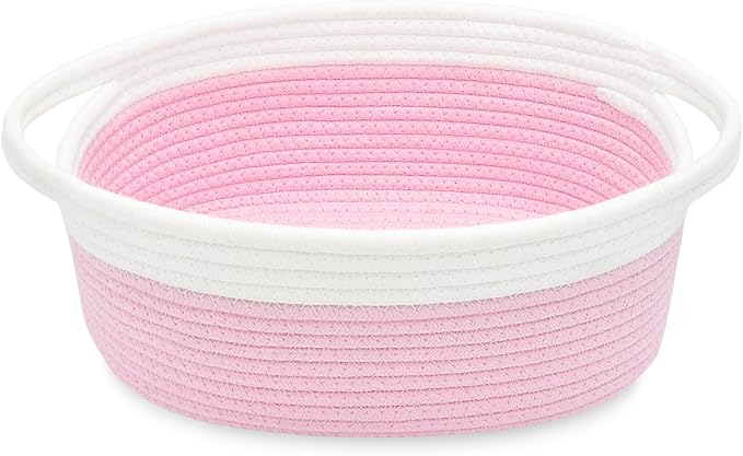 ABenkle Small Basket with Handles, Boho Decorative Rope Woven Dog Cat Toy Storage Bin Shelf Storage Organizer, Easter Christmas Gift Basket, 12"x8"x5", Pink