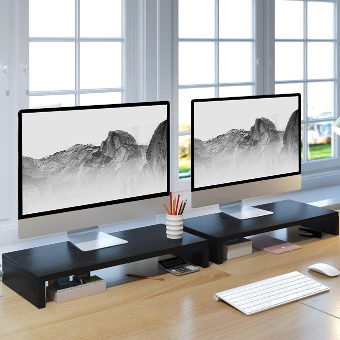 TEAMIX 2-Pack Monitor Stand Riser 20 inch, Wood Desk Computer Shelf, Black | For 2 Monitors, Laptop, Printer, TV, PC Tower, Full Keyboard Storage Underneath, Desk Organizer for Home Office, Gaming Setup