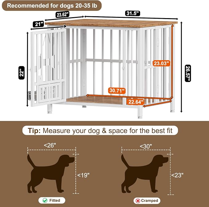 Easycom 31" Dog Crate Furniture Foldable, No Assembly Decorative Dog Kennel Indoor, Dog Crates for Medium Dogs(20-35 lb), Wooden Dog Cage with Adjustable Bowls and Name Tag, End Table, White & Beech