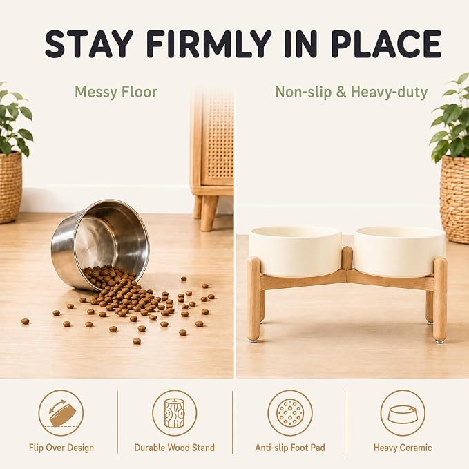Havniva Ceramic Dog Bowls Elevated, Raised Dog Food Bowl for Medium Dogs | 7.3” Elevated Dog Bowls, Non-Slip Wood Stand, Dog Food and Water Bowl Set, Dog Feeding Dish, Large Capacity Pet Water Bowl