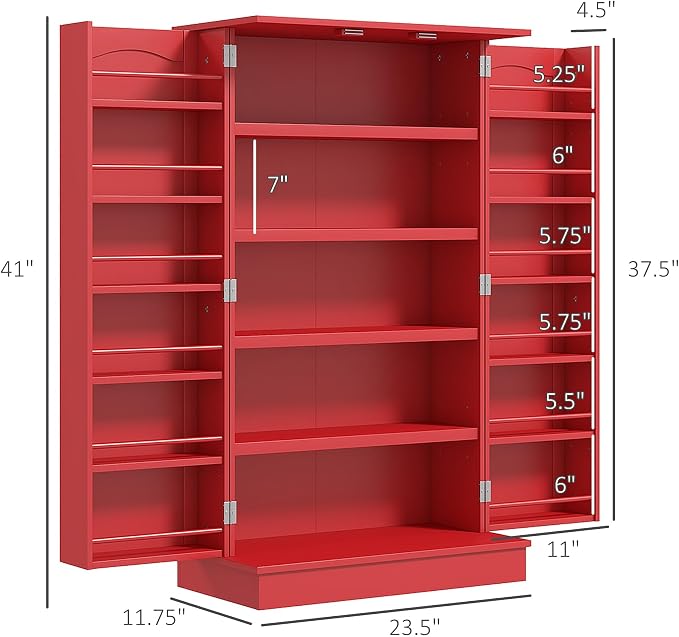 HOMCOM 41" Kitchen Pantry Storage Cabinet 12 Door Shelves Double Doors Red | Freestanding Kitchen Cabinet, 2 Doors, 5-Tier Shelving, Adjustable Shelves