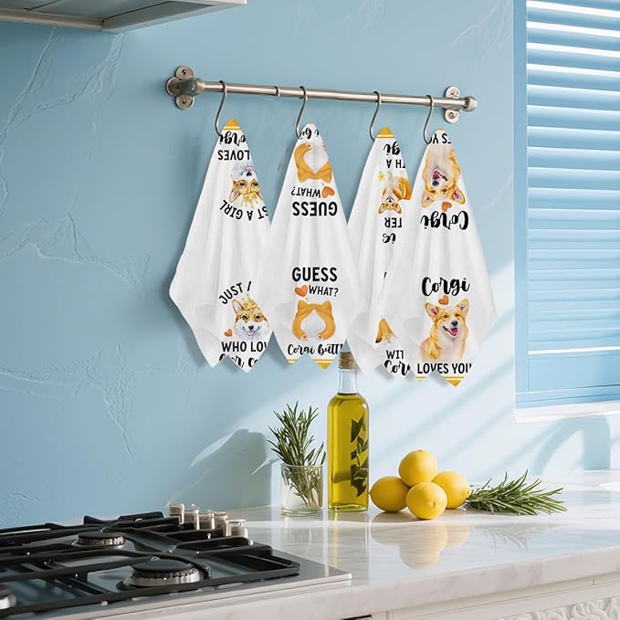 4 Pcs Funny Corgi Kitchen Towels 24x14 Inch, Corgis Decorative Waffle Weave Dish Towels, Dog Hand Tea Towels for kitchen Home Farmhouse Bathroom Decor, Corgi Gifts for Women Mom Friend Grandma