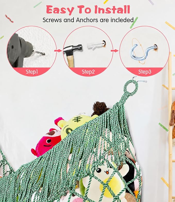 Stuffed Animal Hammock - Extra Large 63'' Long (Green-White) | Premium Cotton Hand-knitted, Beautiful Long Tassel, Storage Hanging Organizer, Can Fit Stuffed Animals 40 Piece or More