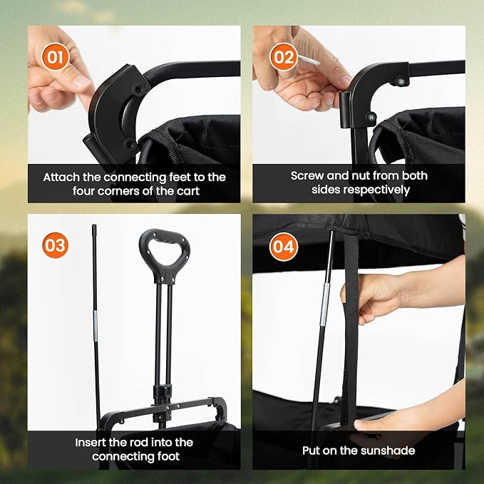 Black Removable Wagon Canopy Attachment with Rods, Foldable Sun Shade Cover | for Collapsible Beach Utility Carts, Folding Wagons, Outdoor Picnic Trolleys