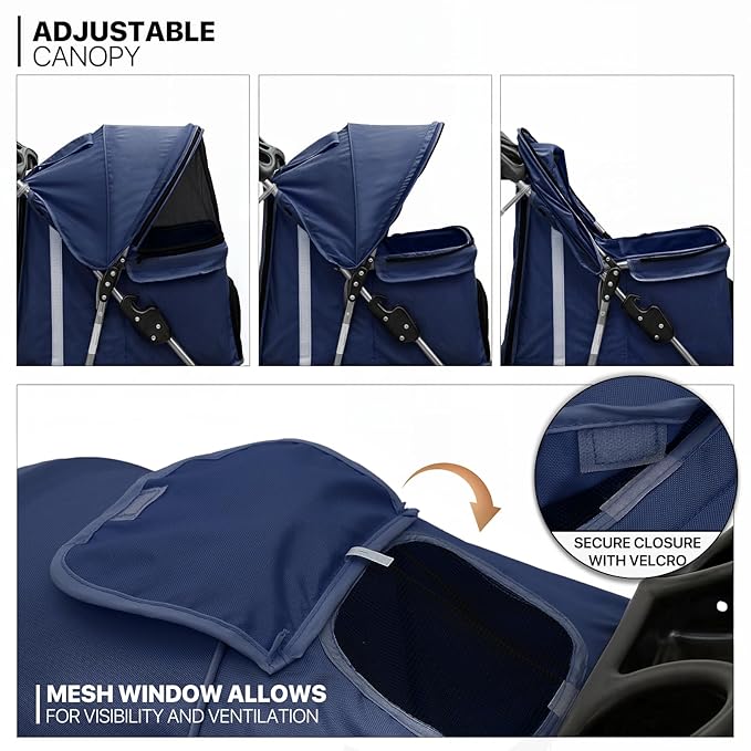 MoNiBloom Pet Stroller for Small/Medium Dogs and Cats up to 33 lbs, Blue | Foldable Dog Stroller 3 Wheels Pet Strolling Cart w/ Storage Basket Cup Holder, Breathable and Visible Mesh for All-Season